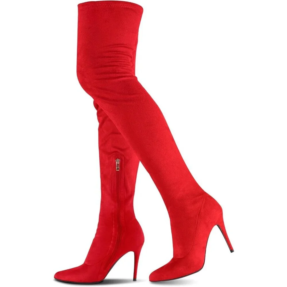 Women's Red -Faux-Suede Pointed Toe Thigh High Side Zipper Heel Boot Shoe